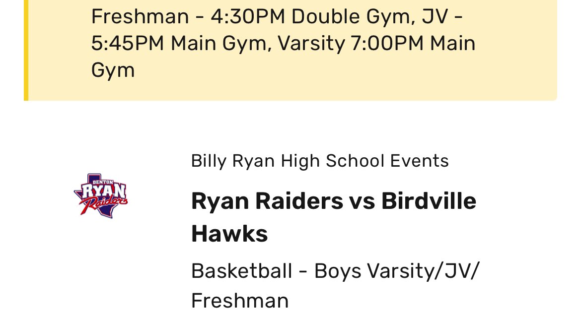 Senior Night for <a href="/RyanRaiderHoops/">Denton Ryan Boys Basketball</a>. It is the last home game of the season for your playoff-bound Raiders.  Come cheer the whole team on as they pursue a district championship. Before tipoff help celebrate our seven seniors and their remarkable contributions to Ryan Basketball.