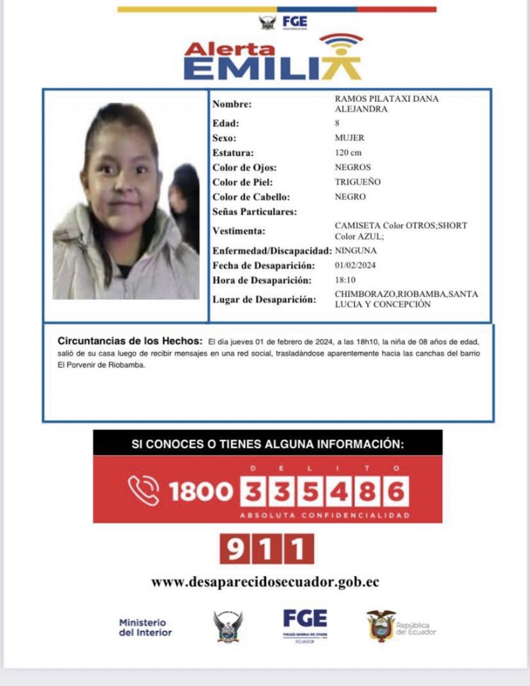PRENSAVirtual_'s tweet photo. La menor Dana Alejandra Ramos Pilataxi, fue vista por última vez en el sector Santa Lucía y Concepción, en #Riobamba. La menor de ocho años vestía short de color azul. https://t.co/iBGmfmMUHl