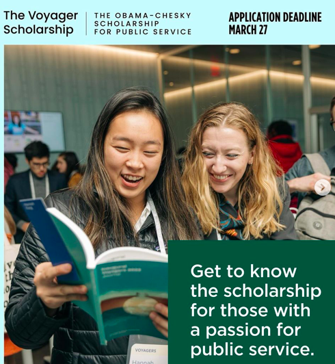 The #VoyagerScholarship application is now open for rising juniors interested in a career in public service!
this scholarship will give you up to $50,000 in financial aid, a summer voyage and travel stipend over ten years,  and access to connecting you with a network of leaders!