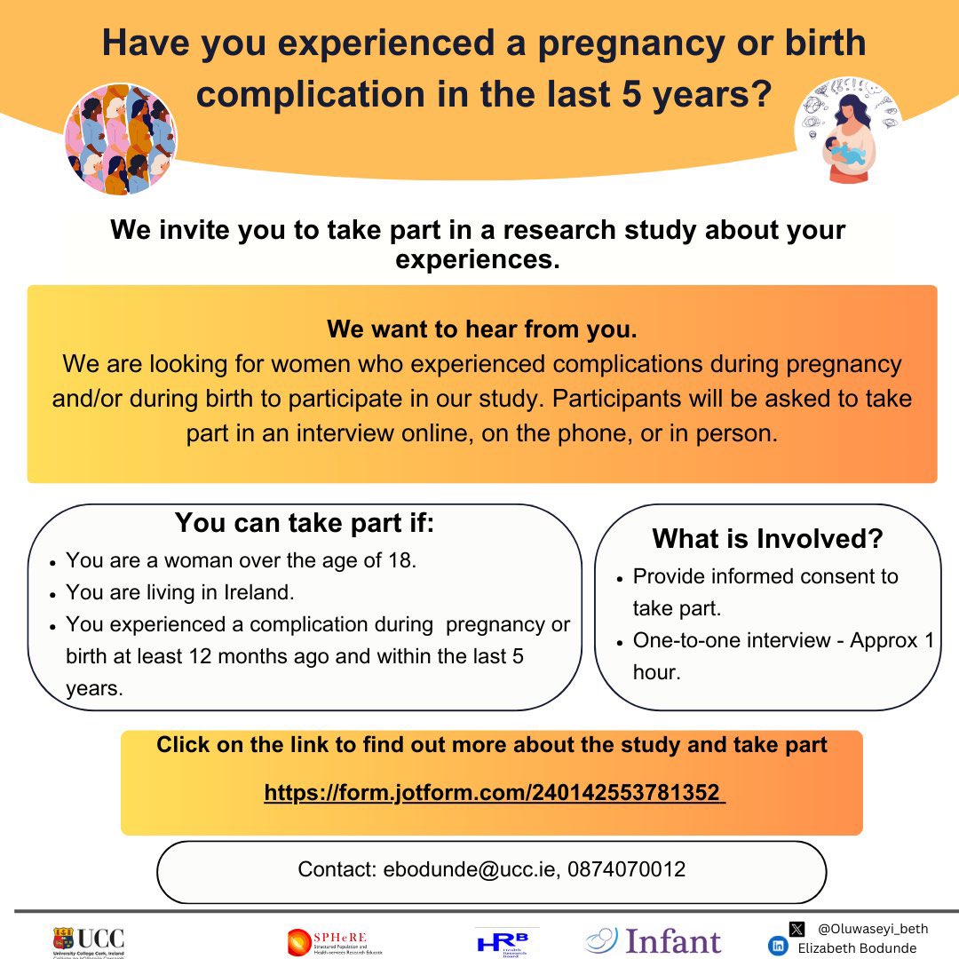 We are looking for women who have experienced a pregnancy or birth complication in the last 5 years to take part in a new study that aims to help develop better supports for women who experience complications.   More about the study👉 form.jotform.com/240142553781352