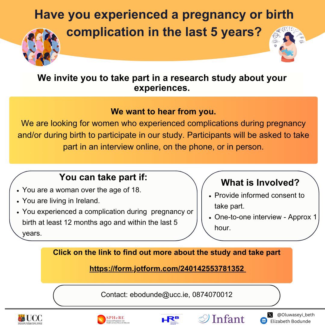 We are looking for women who have experienced a pregnancy or birth complication in the last 5 years to take part in a new study that aims to help develop better supports for women who experience complications.
 
More about the study👉 form.jotform.com/240142553781352
