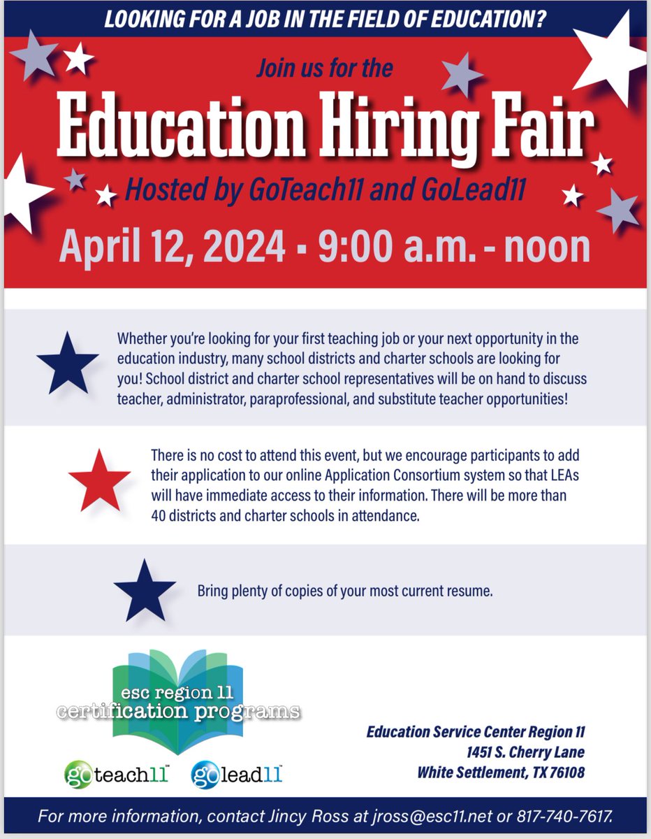Would love to see you on April 12th for our annual ESC11 job fair! If you need information about getting your teaching certificate, please reach out. I’d love to help you start your journey