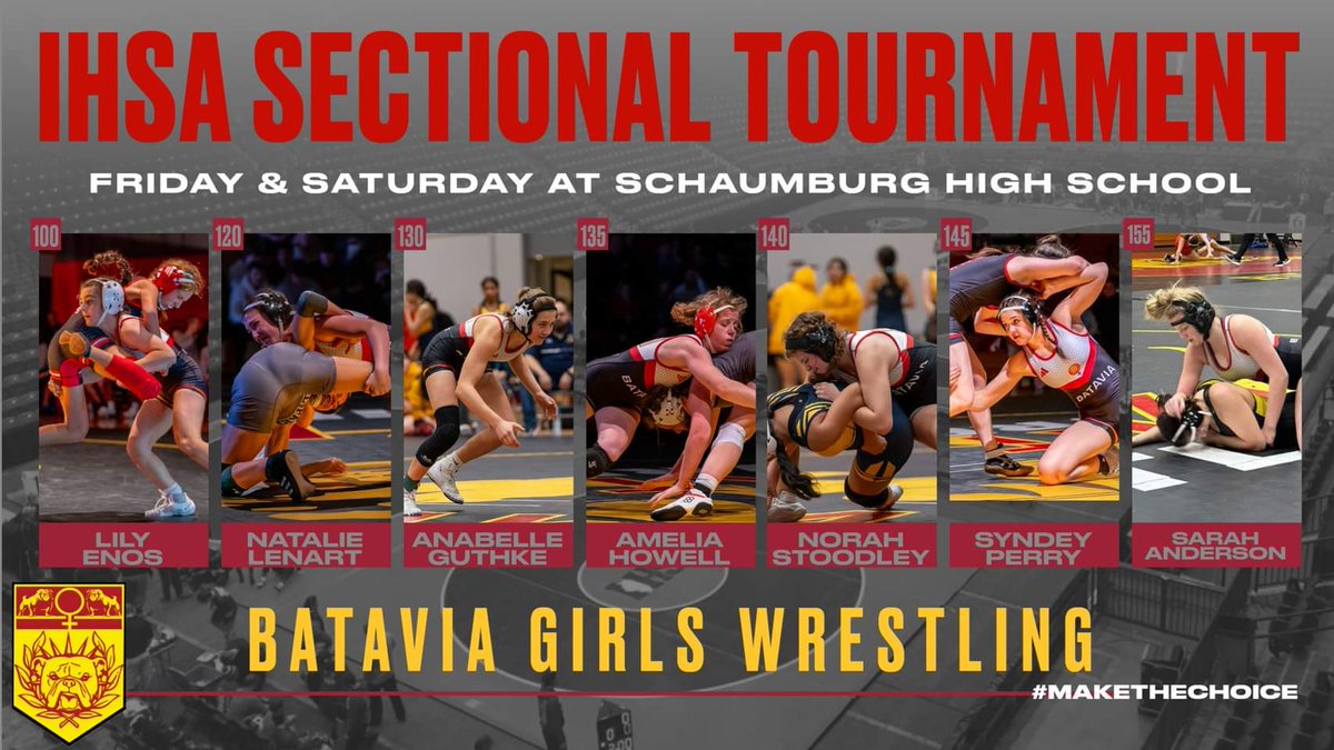 BataviaGirlsWR's tweet photo. Good luck to our 7 Batavia Girls Wrestling IHSA Sectional Qualifiers!
5:30 PM Start Today
9:30 AM Start Tomorrow
@ Schaumburg HS https://t.co/io6w8LeHk2
