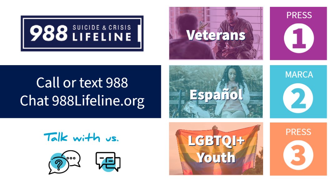 samhsagov's tweet image. The #988Lifeline offers caring counseling to people who are struggling or are in crisis—including specialized services for:

✔️ Veterans, service members &amp;amp; their families
✔️ Spanish speakers
✔️ LGBTQI+ youth and people under the age of 25