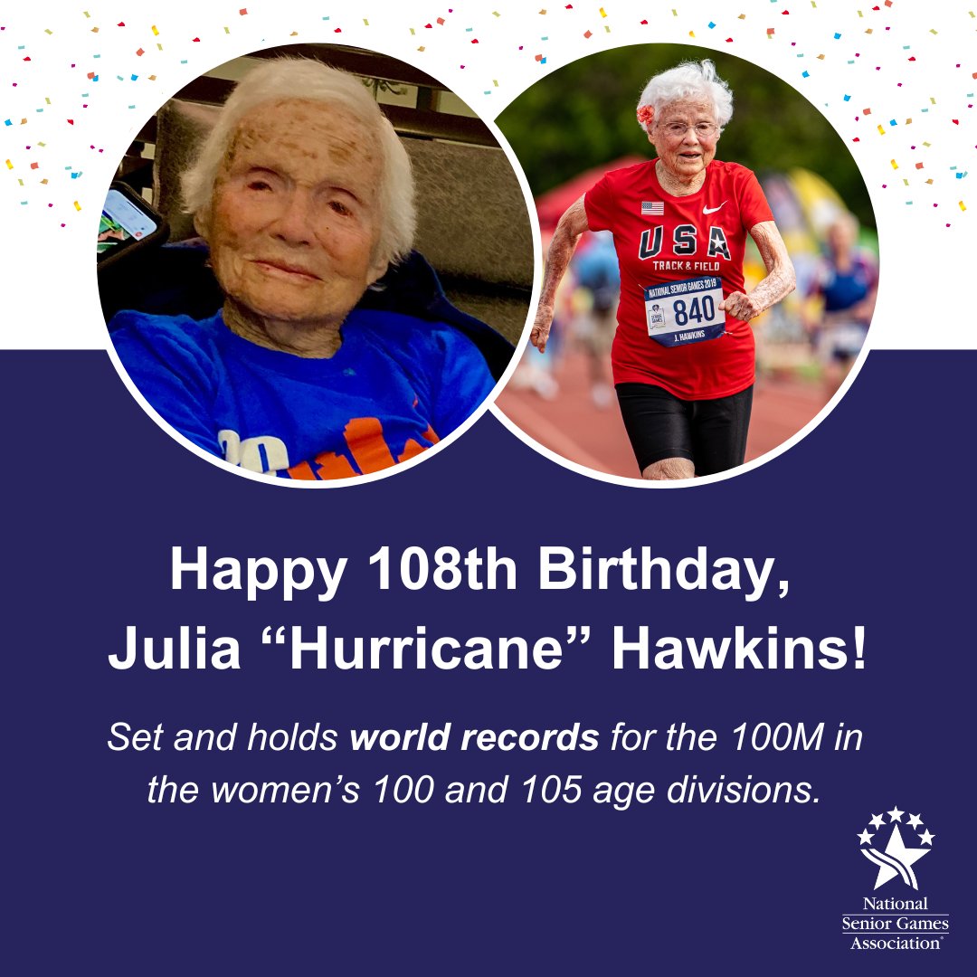 Happy 108th birthday to Julia "Hurricane" Hawkins! 🎉

Julia inspired millions running for records in the Senior Games. She set a world record for the 100M at age 101 and shocked everyone again when she set the first Track &amp; Field record EVER by a woman 105 or older.