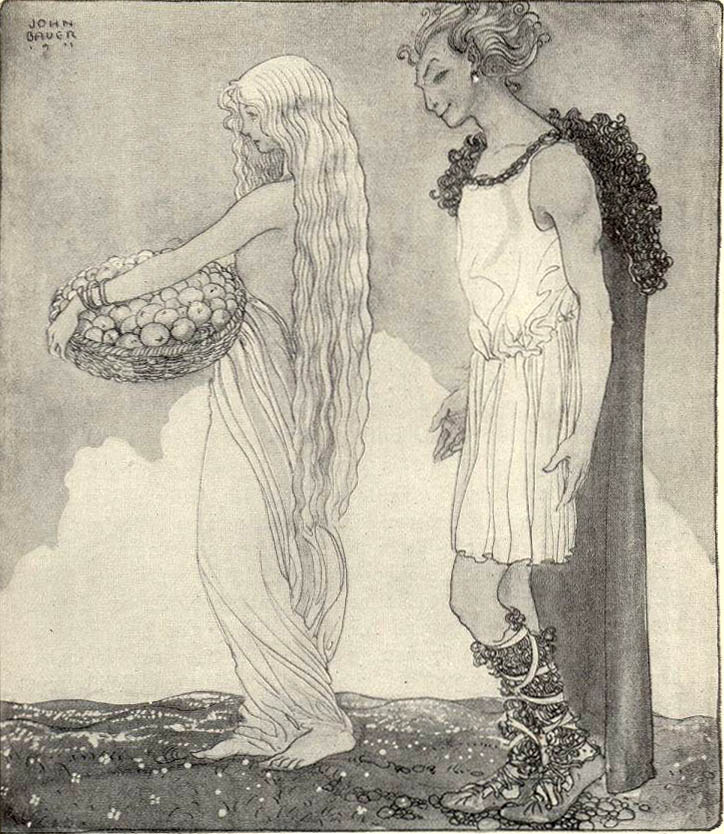 Loki and Idunn by John Bauer.

The painting depicts a scene from the Skaldic poem Haustlǫng, by Þjóðólfr ór Hvinir, composed in the 10th century.

Loki deceives Idunn, and lets the Jotunn Tjatse abduct her, and steal her apples of eternal youth.