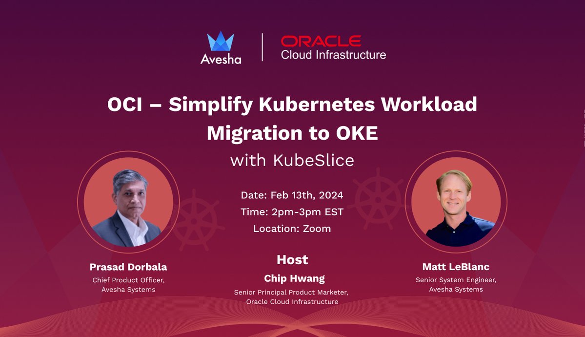Avesha (@aveshasystems) on Twitter photo Join us for a session on how @KubeSlice facilitates the seamless migration of workloads to Oracle Kubernetes Engine (OKE), while simplifing the deployment and management of #multicluster applications. <a href="/OracleCloud/">Oracle Cloud</a>
📍Webinar
📅 Feb 13th
🕐 2pm EST
avesha.io/events/oci-sim… Join us for a session on how @KubeSlice facilitates the seamless migration of workloads to Oracle Kubernetes Engine (OKE), while simplifing the deployment and management of #multicluster applications. <a href="/OracleCloud/">Oracle Cloud</a>
📍Webinar
📅 Feb 13th
🕐 2pm EST
avesha.io/events/oci-sim…