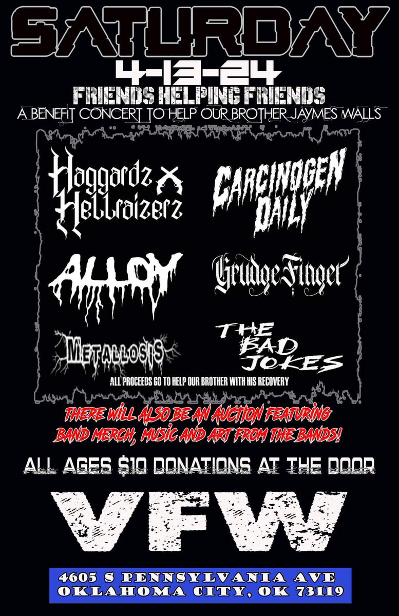 OKC we are heading back down the turnpike.
This time, to help our friend Jaymes Walls.
Join us for a good cause &amp; an evening of good vibez.
@ VFW
4605 S Pennsylvania Ave, Oklahoma City, OK 73119