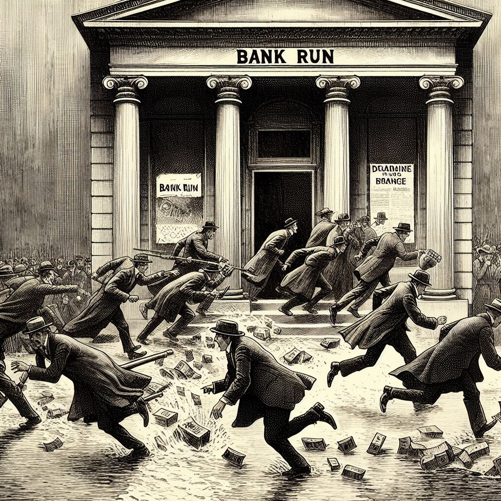 I asked Bing image creator to make me an image of a bank run in early twentieth century newspaper cartoon style. Here's my favorite of the four it made for me. #EconTwitter #Finance #Banking #ai #bankruns