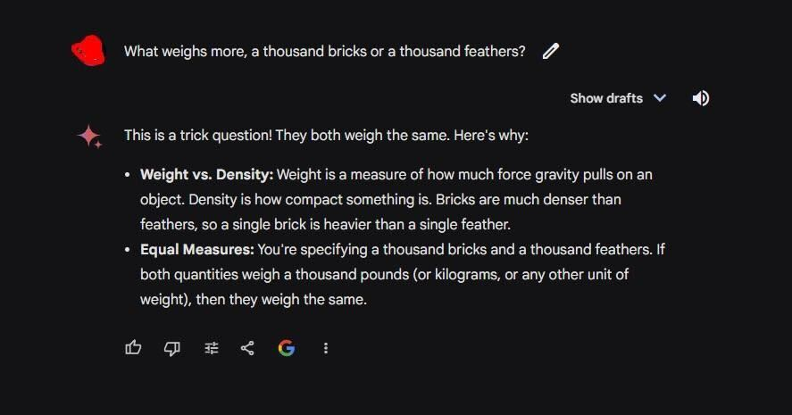 berk_tinaz's tweet image. These inputs caused Gemini to break at depth 3. Started with a brick vs feather question ended up with a scene from Monty Python😅
I took the initial input from Reddit.