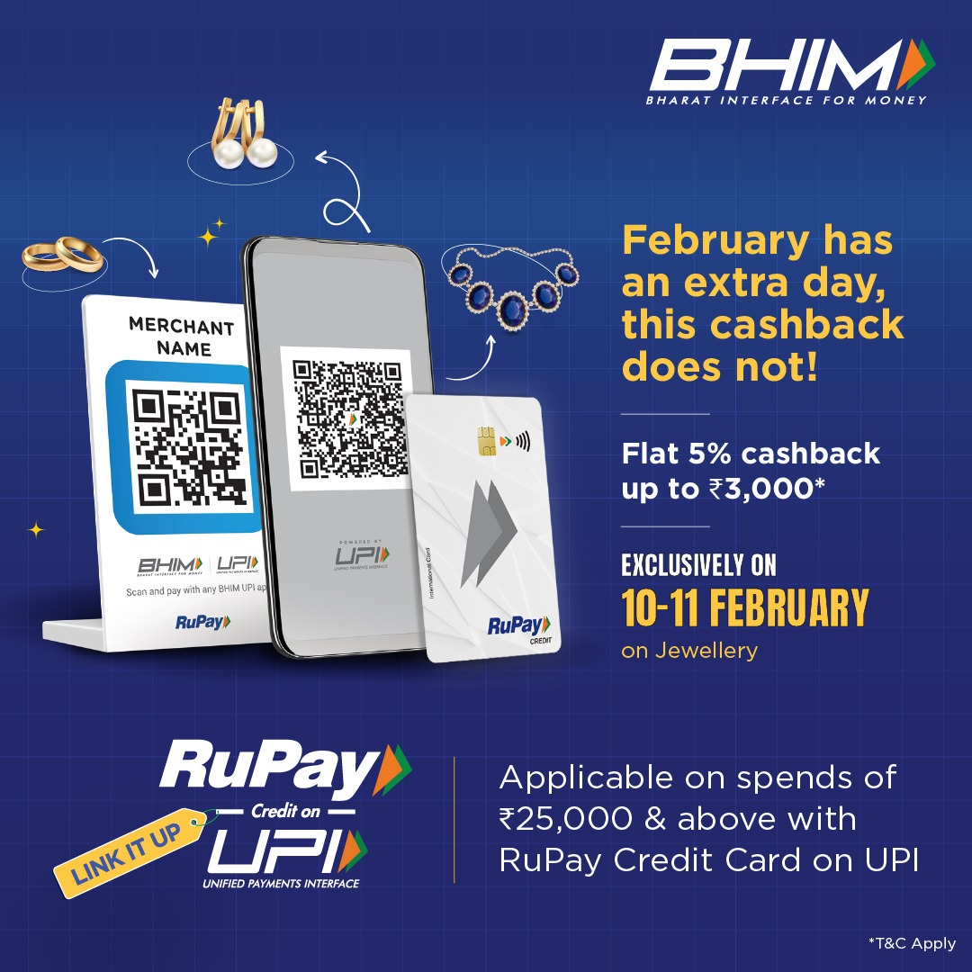 Leap into the leap year with this gem of an offer! Get 5% cashback (up to ₹3000) on minimum spends of ₹25000 on jewellery with RuPay Credit Card on UPI. Offer valid until 11th Feb, 2024. Link your RuPay Credit card with UPI on BHIM app and avail the Asli Fayda!