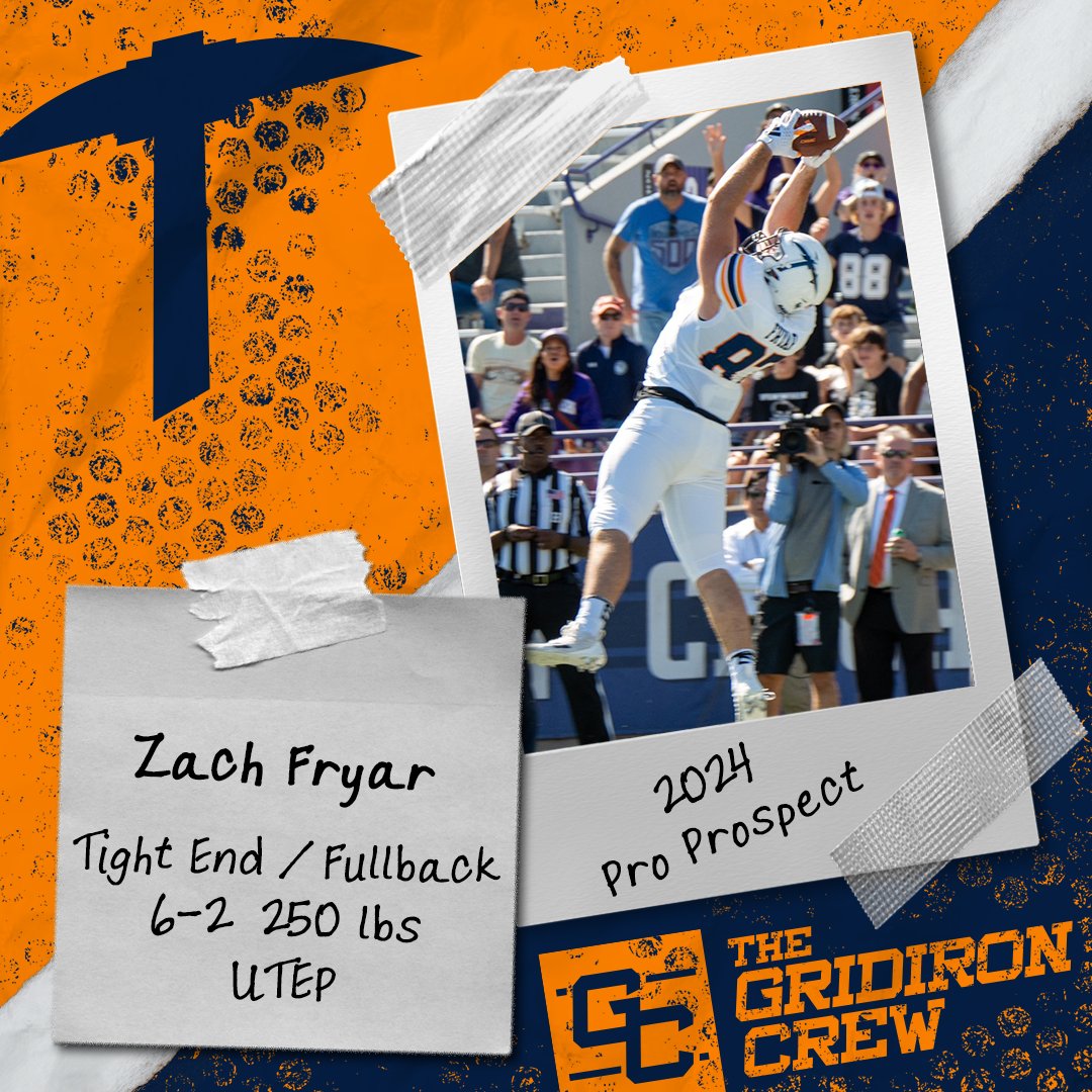 ⚠️ Attention Pro Scouts, Coaches, and GMs ⚠️ You need to look at 2024 Pro Prospect, Zach Fryar @zach_fryar, a TE/FB from @UTEPFB 👀 See our Interview: thegridironcrew.com/zach-fryar-202… #2024ProProspect #DraftTwitter #NFLDraft #NFL #CFLDraft #CFL #ProFootball 🏈