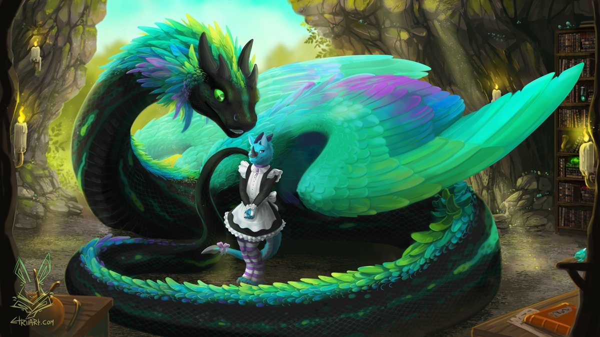 oh they sent a new maid, I wonder if they'll be good at this job >:3 obedient to their master
Commission for Koamaru and Sahi 🐲🐍