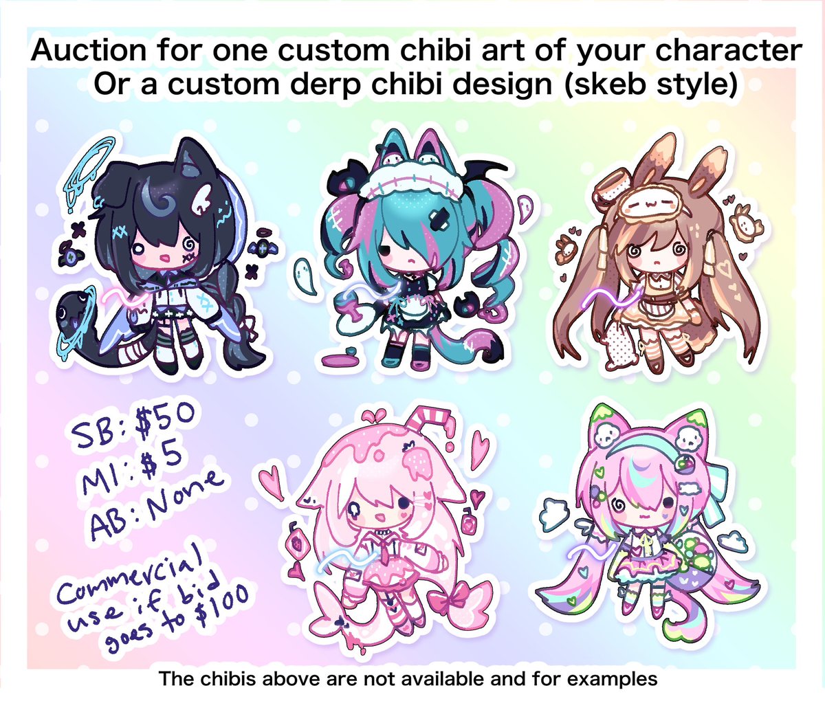 Sleepybunsu's tweet photo. 💎 AUCTION for Chibi or Custom 💎

💜👻 You can choose to either get one Chibi of your character or a Skeb-style Custom Chibi adopt design! 👻💜

Ends in 48 hours at 1:40pm CST 

SB: 💲50
MI: 💲5
AB: none

🔁 Appreciated!!

#Vtuber #adoptable #design https://t.co/a7nRRQoQDt