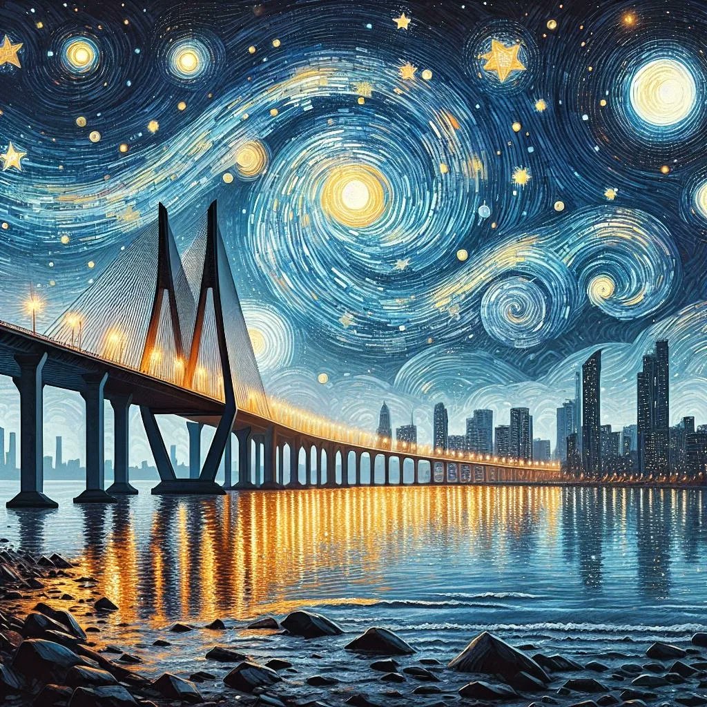 Fusion of Bandra Worli Sea Link, Stary Night and Aboriginal Art

AI Creation by me

#aiart #aipainting #digitalart #digitalpainting #aiartist #AIartists #aiartcommunity #aitechnology #ai #aiartwork #fusion #starynight #vincentvangogh #vincent #aboriginalart #painting