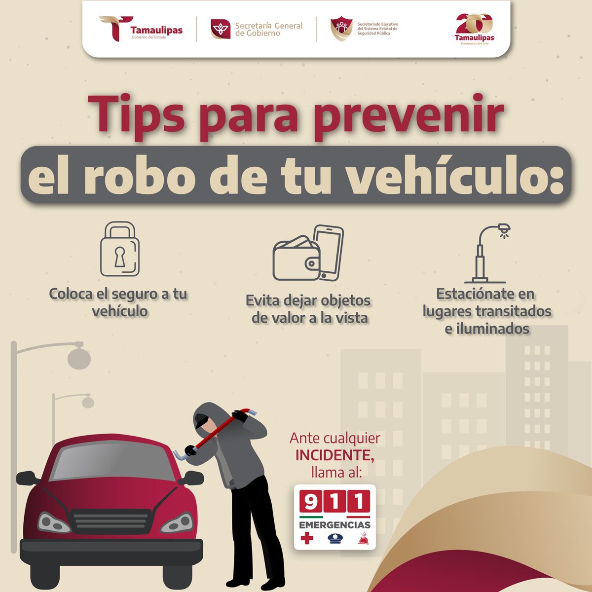 ¡Protege tu auto! 🔒🚗

Sigue estos consejos para evitar ser víctima de un robo. 

#ConfíaEnEl911