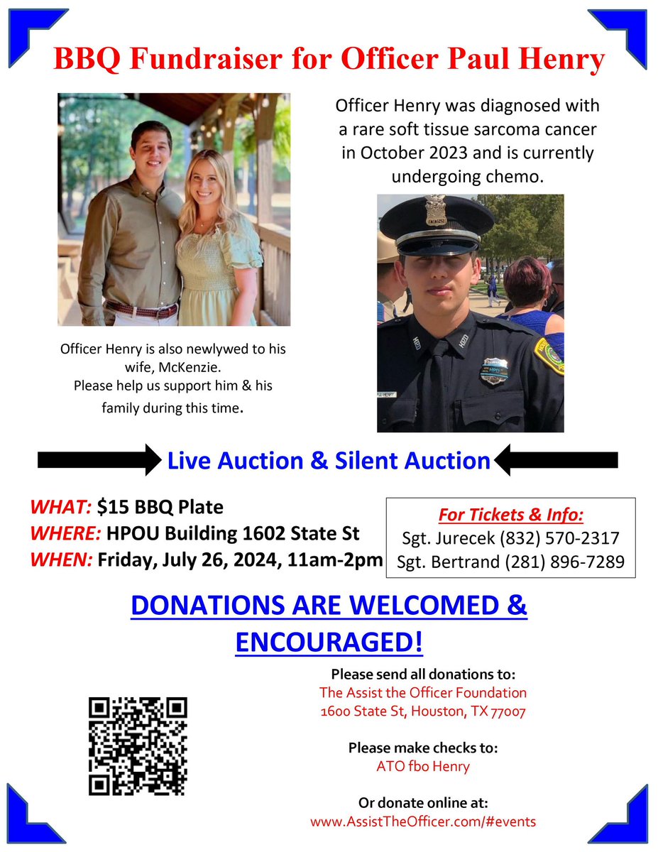 ATOHouston's tweet photo. In October 2023, Officer Henry was diagnosed with a rare soft tissue sarcoma cancer. He is currently undergoing an extensive and expensive treatment plan causing him to be unable to work. Officer Henry is also newlywed to his wife, McKenzie. https://t.co/MWwt15Wodu https://t.co/jEaMD8L0b5