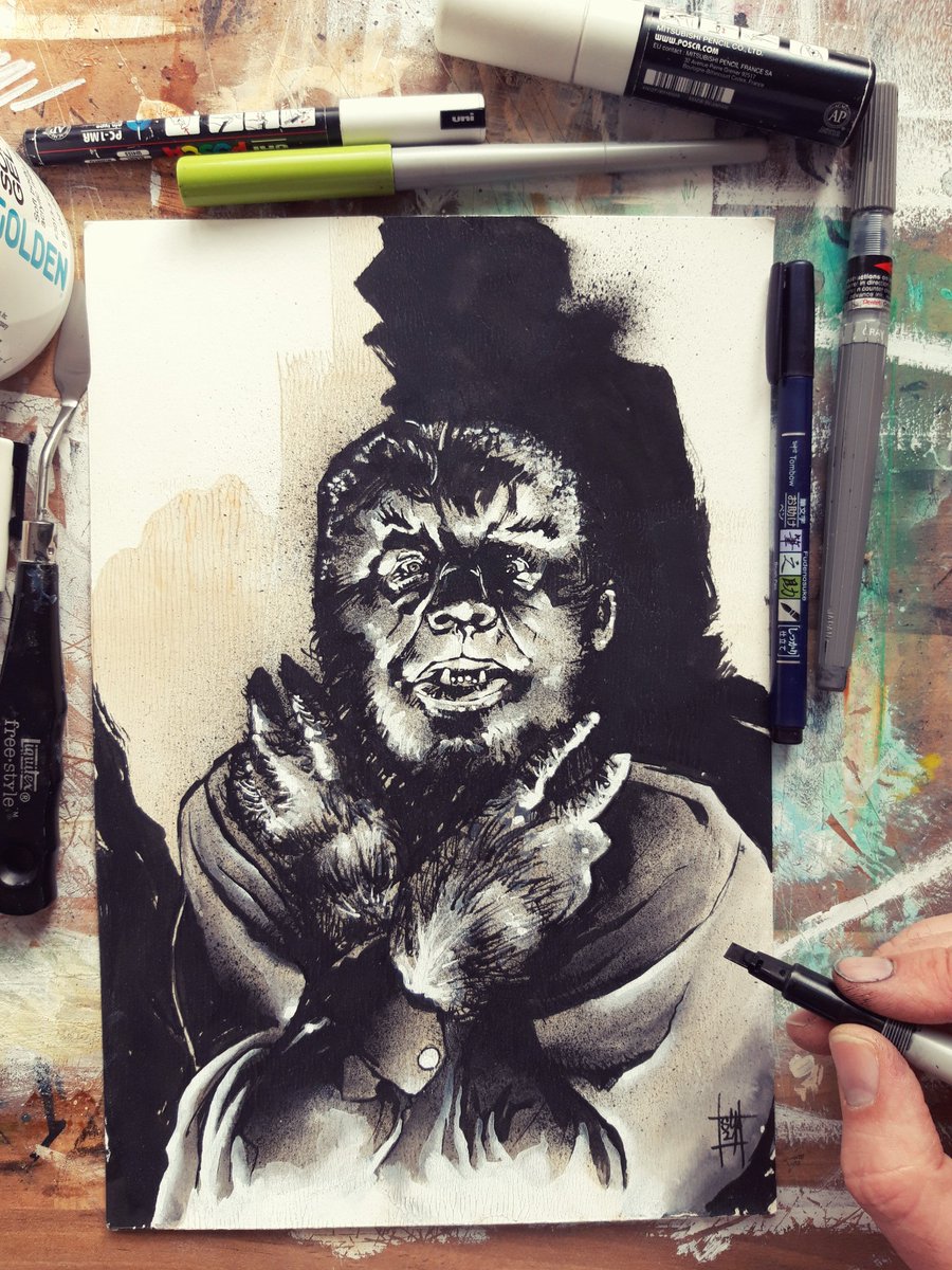 Ink and acrylic on paper.
#wolfman #lonchaneyjr #universalhorror #horrorart #blackandwhiteart #illustration #inkdrawing #acrylicpainting #traditionalart #ironage #artshare