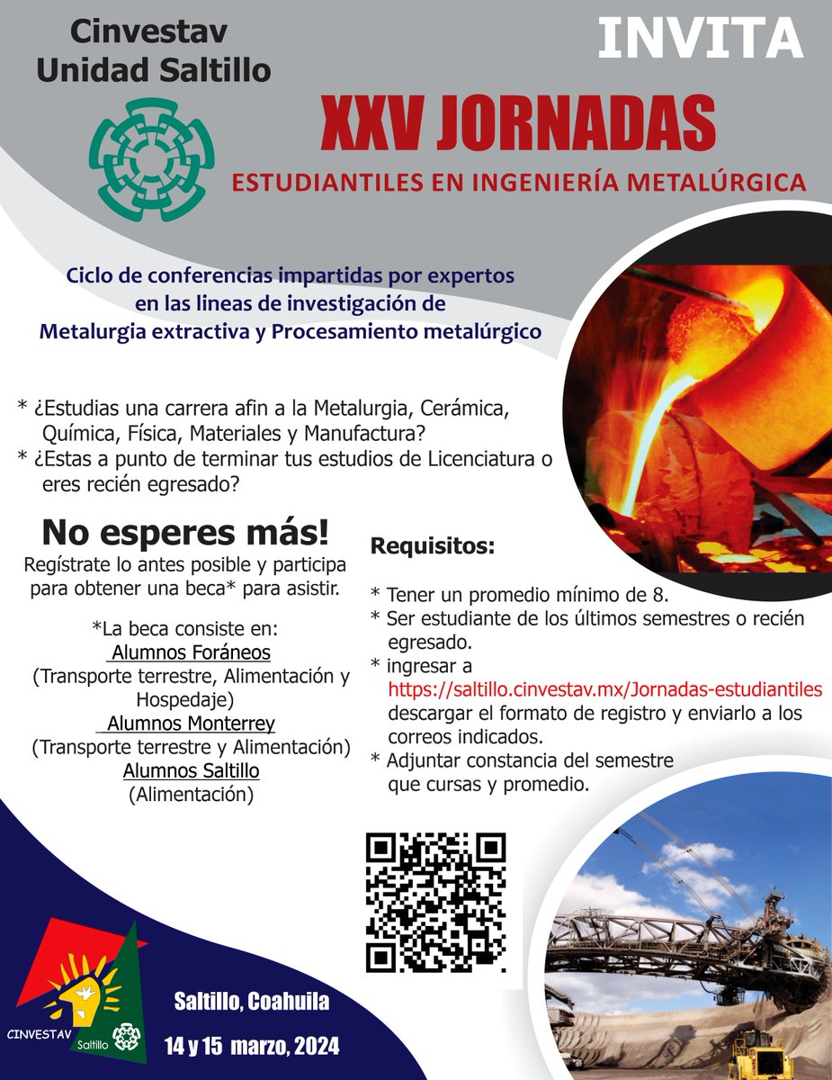 Que viene después de terminar mi carrera, amplia tus oportunidades ven a conocer nuestras líneas de investigación y cursa una maestría, regístrate para participar en nuestras XXV Jornadas Estudiantiles e Ingeniería Metalúrgica y obtén una beca para asistir, hazlo ya