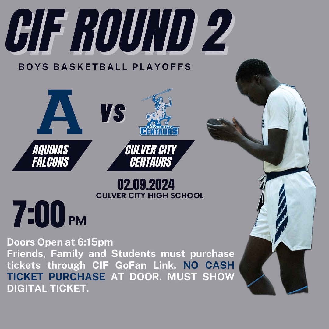 🚨ROUND 2🚨

Here we go! Boys Varsity Basketball tips off against Culver City HS @ 7pm tonight for Round 2 of the CIF playoffs! Get your tickets now at the GoFan Link ⬇️⬇️

Boys CIF Round 2–&gt; gofan.co/app/school/CA7…