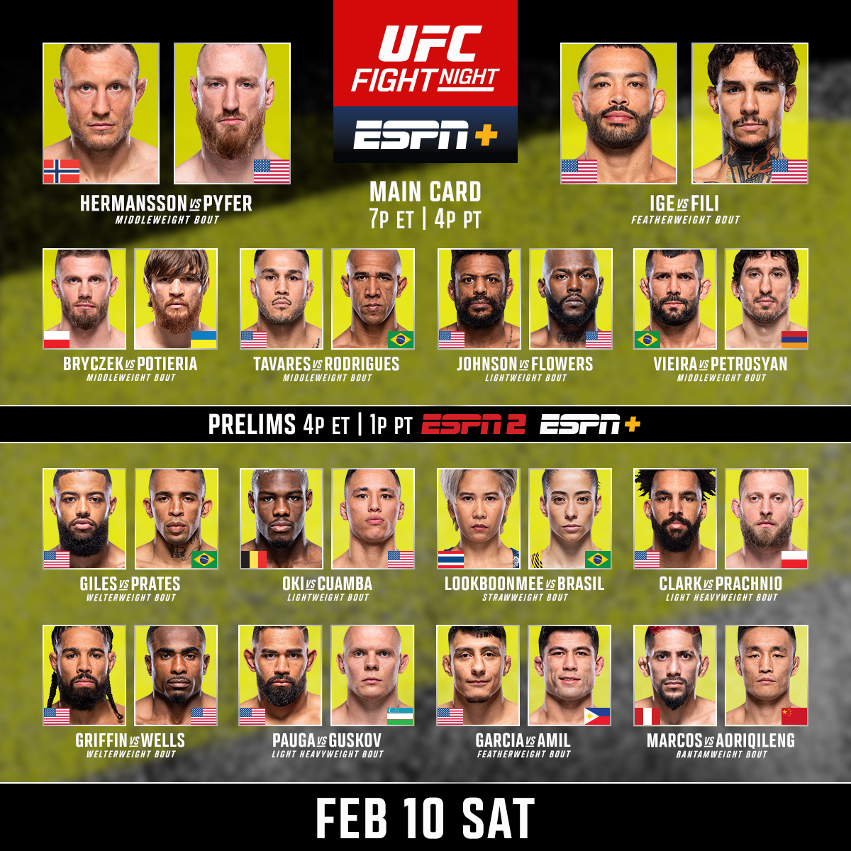 ufc's tweet photo. 14 bangers, coming your way 🚨

Here's your full #UFCVegas86 line up 

[ LIVE on @ESPNPlus | 7pmET/4pmPT ] https://t.co/9Nl9yloBov