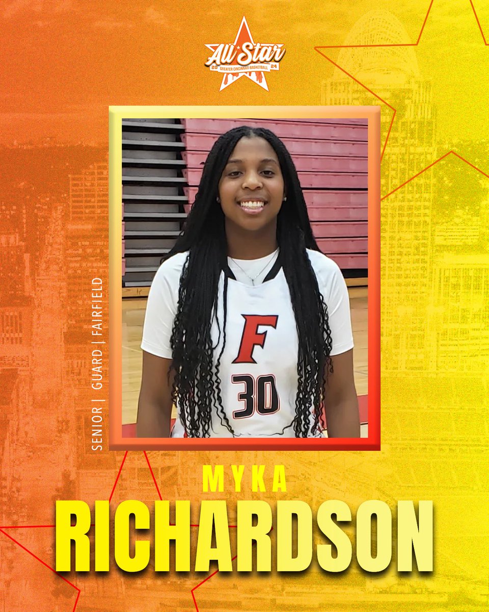 SENIOR ALL-STAR ⭐️💫 Myka Richardson, a 5’8 guard from Fairfield, will be playing in the 2024 GCB Senior All-Star Game. The senior leads Fairfield in scoring with 12PPG. The GCB All-Star Games will take place March 20th at Purcell Marian. @RichardsonMyka #GCB | #GCBAllStar