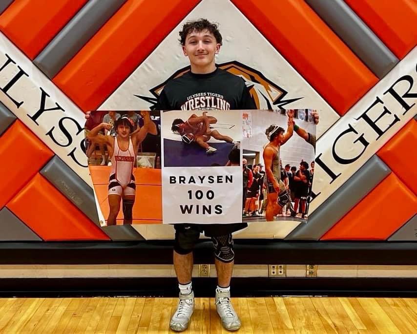 Ulysses Tiger Wrestler, Braysen Salinas, earned his 100th win with a pin on Senior Night, February 8th. #sportsinkansas