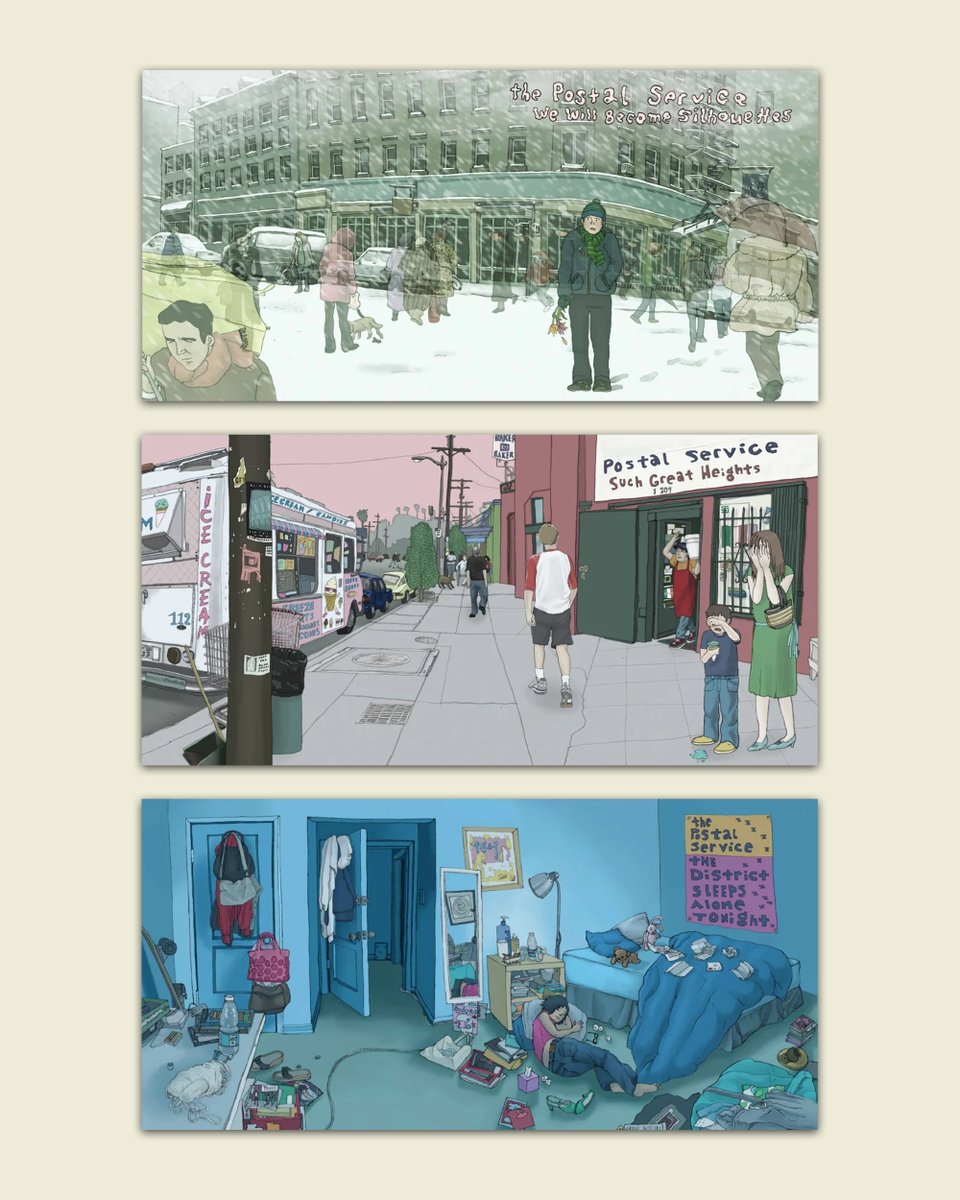 PostalService's tweet photo. 20 years ago, @kozyndan created the iconic artwork for three 'Give Up' singles. Those designs are now available as exclusive 12" x 24" archival prints in our webstore. Shop: https://t.co/FijbDsscCa https://t.co/lP8nKylwly