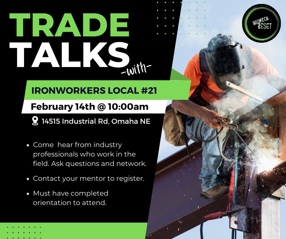 ProjectReset402's tweet photo. 💥Trade Talks w/ @projectreset402

We are excited to partner with Ironworkers Local 21 at next week's Trade Talk!  Come hear all about their Union and career pathways! #skilledtrades #reentry #apprenticeships #projectreset402 https://t.co/nDtcV5x7Ef