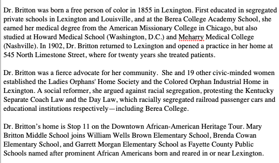 LexHistory's tweet photo. Did you see the recent news surrounding plans for Lexington’s newest middle school?  Fayette County Public Schools will name it in honor of Dr. Mary E. Britton, the first African American woman licensed to practice medicine in the city. #LexHistory https://t.co/TjgfI4wrw2