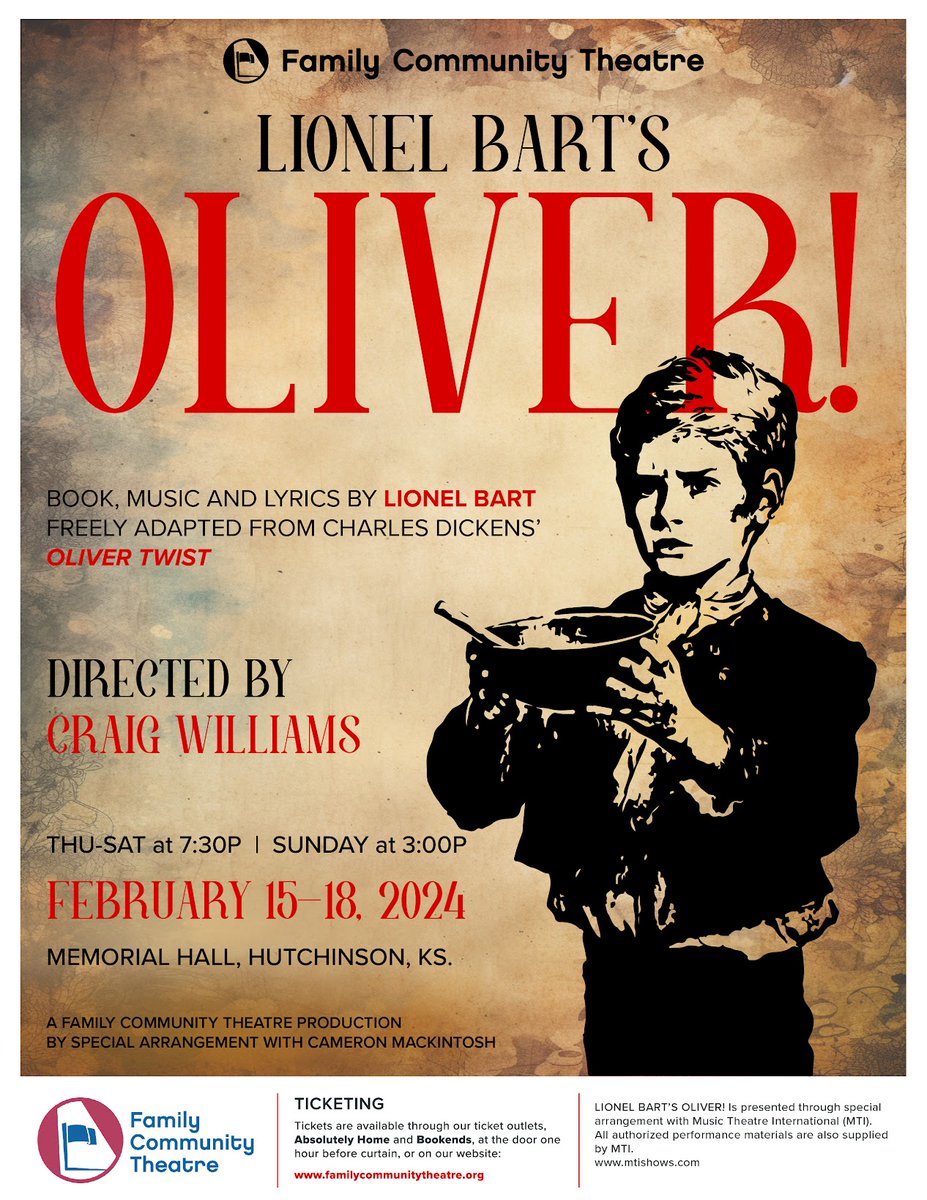 Family Community Theatre Presents ‘Oliver’ February 15 - 18 at Memorial Hall! Join young, orphaned Oliver Twist as he navigates London's underworld. For tickets and more: visithutch.com/upcoming-event… #ToTheStarsKS #VisitHutch #LoveHutch