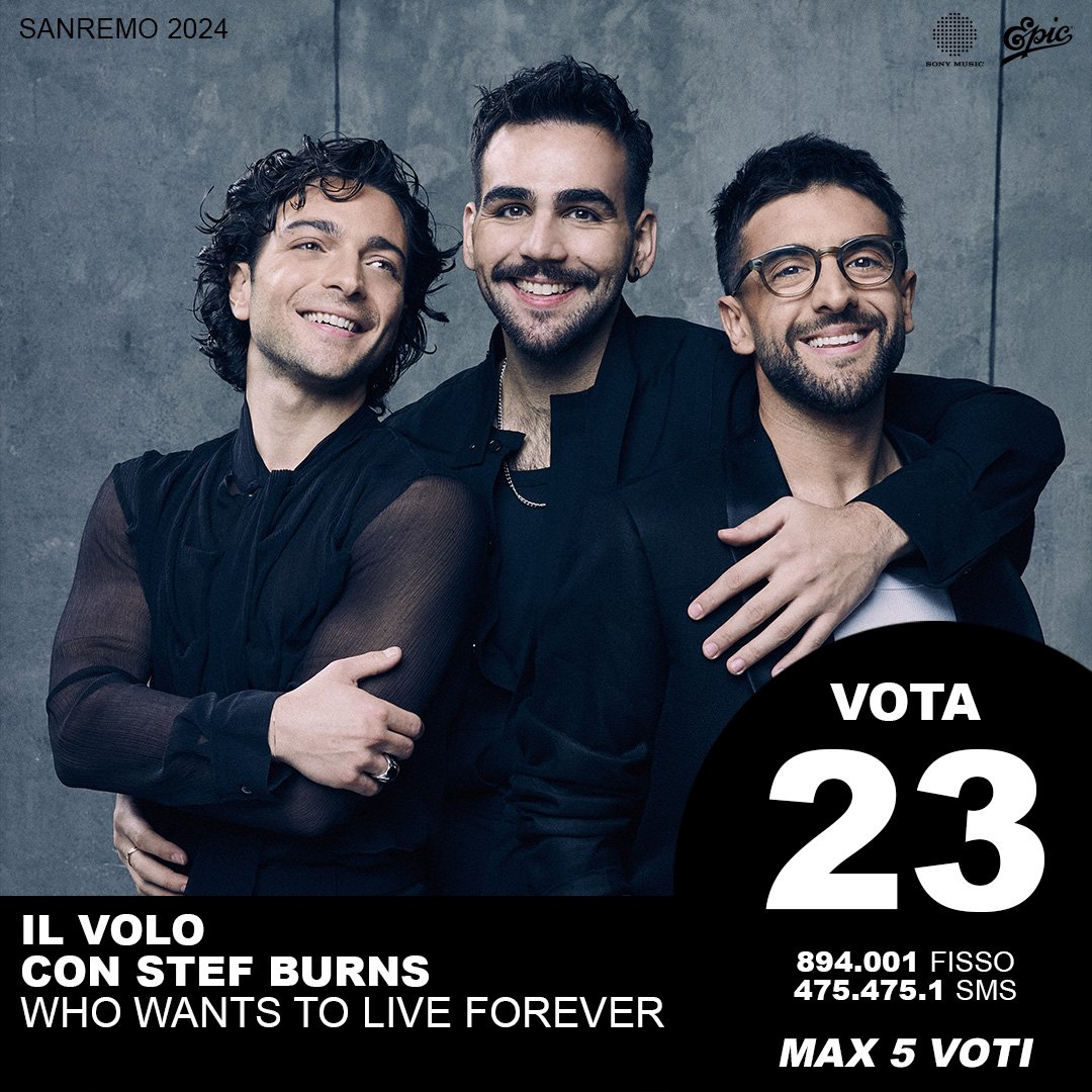 ilvolo's tweet photo. Da ora potete votarci a #Sanremo2024!

TELEVOTO
CODICE: 23
FISSO 894.001
SMS 475.475.1

Massimo 5 VOTI

#IlVolo https://t.co/Qg6a0KCXo1