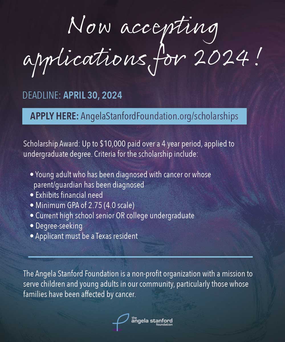 4ASFoundation's tweet image. The @4ASFoundation is excited to announce that the 2024 Scholarship Application is officially OPEN! 🎓To be eligible, you must be a student who has been diagnosed with cancer or whose parent/guardian has been diagnosed with cancer. Visit angelastanfordfoundation.org to learn more.