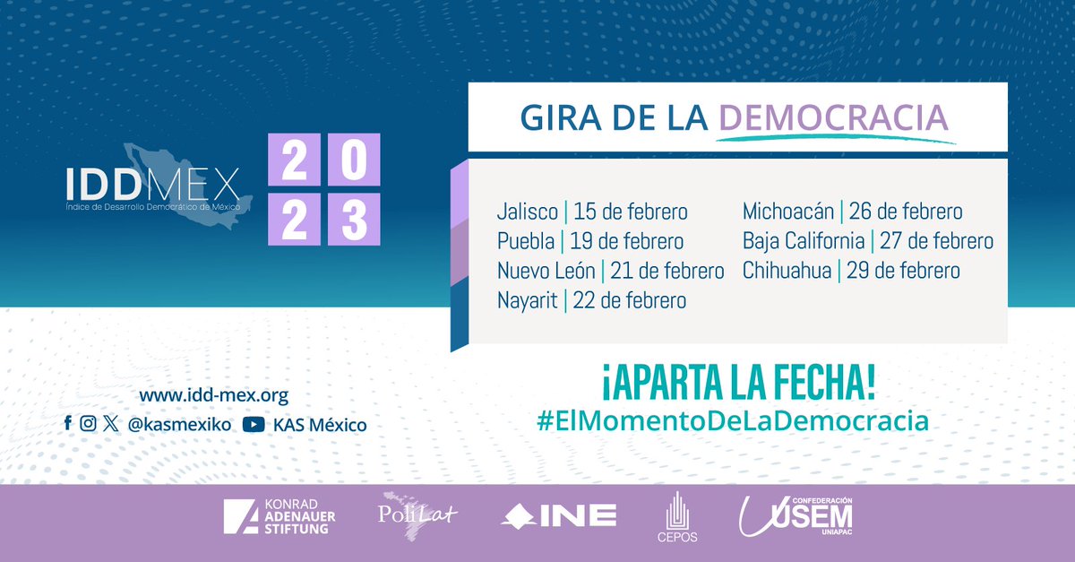 kasmexiko's tweet photo. ¡Pronto iniciaremos la #giradelademocracia! 📆
¡Aparta la fecha! #ElMomentoDeLaDemocracia
Presentación del Índice de Desarrollo Democrático de México #IDDMEX 2023
🔜 Sigue pendiente para participar en tu ciudad.
#méxico #democracia #másymejordemocracia https://t.co/GCeS8NvN8e