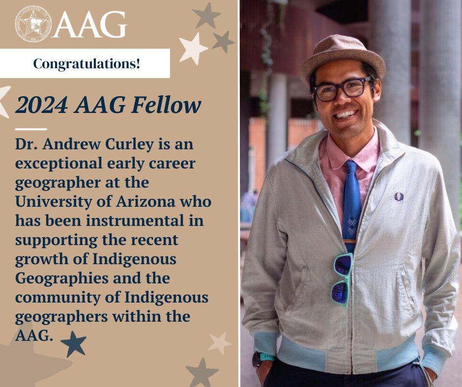 theAAG's tweet photo. Congratulations 2024 #AAGFellow, Dr. Andrew Curley (@wahgraphy), rising star @SGDE_UArizona. His work on tribal sovereignty, climate change, and development is not only groundbreaking but also vital for indigenous geographies and communities. https://t.co/JjKx5tp9P3 https://t.co/UNCVts7JWV