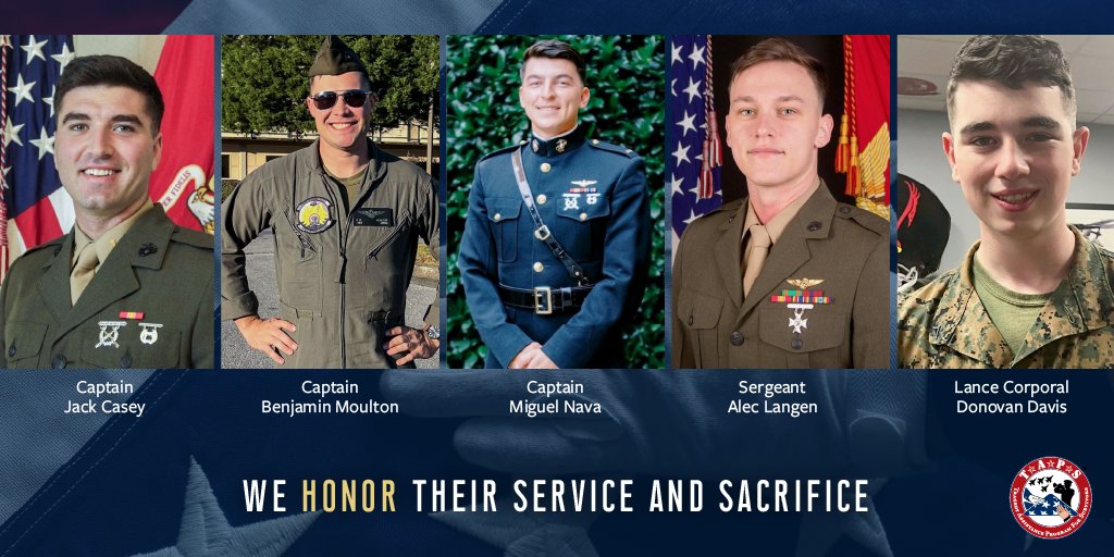 Sending our heartfelt condolences to the families, friends, and fellow service members of the five Marines who died in the crash of a helicopter Tuesday in California. The profound dedication and sacrifice of these five Marines will forever be etched in our memories.