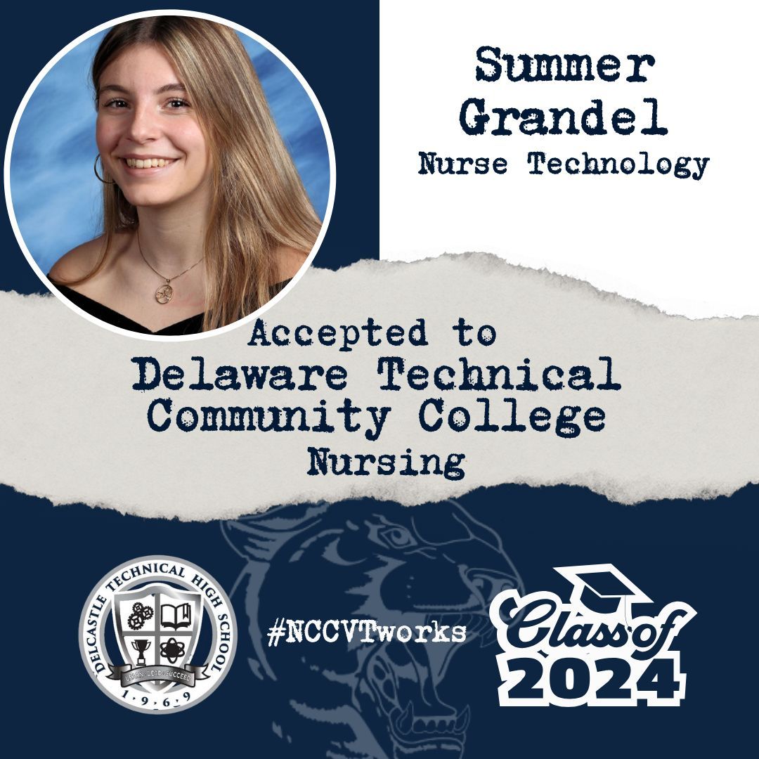 🎓 Delcastle's Health Career programs continue to celebrate wonderful success as our seniors plan the next stage of their education. A shoutout to Summer Grandel of Nursing Technology, who has decided to continue her Nursing studies at DelTech this fall. #NCCVTworks