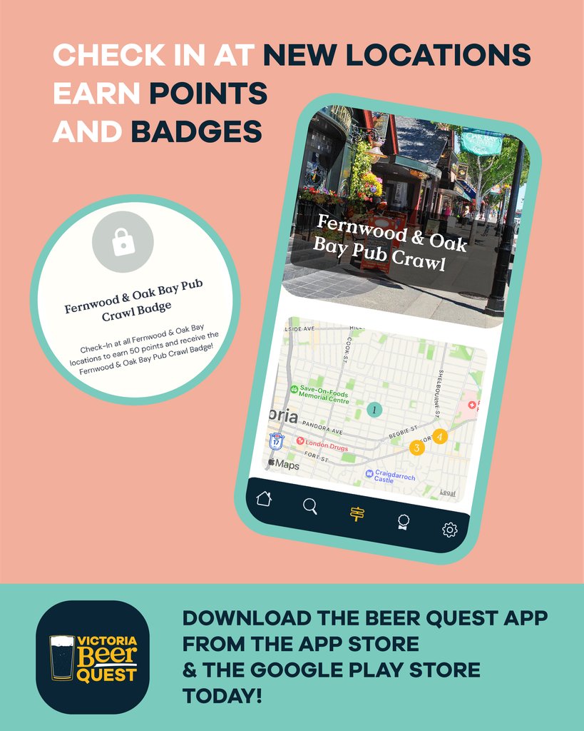 🍺 Have you seen our new Fernwood & Oak Bay Pub Crawl on the Beer Quest App? 📱 Check-in at all locations to earn 50 points and receive the Fernwood & Oak Bay Pub Crawl Badge! 👉️ Download Beer Quest from the App Store and Google Play Store. #VicBeerSociety #BeerQuest