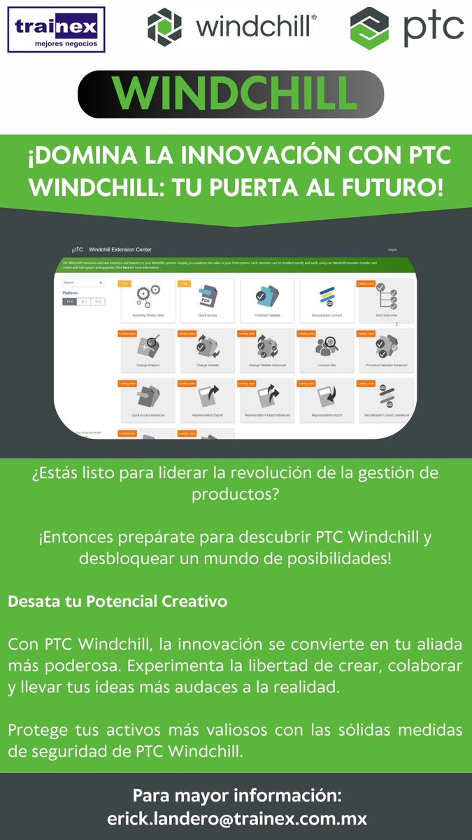 trainex_mx's tweet photo. WINDCHILL
El Futuro te Espera!
Descubre cómo PTC Windchill puede transformar tu forma de trabajar y llevar tu negocio al siguiente nivel.
¡Contáctanos ahora mismo para una demostración personalizada y empieza a escribir el futuro hoy mismo!
Tu éxito comienza con PTC Windchill. https://t.co/3KKQLx9OQI