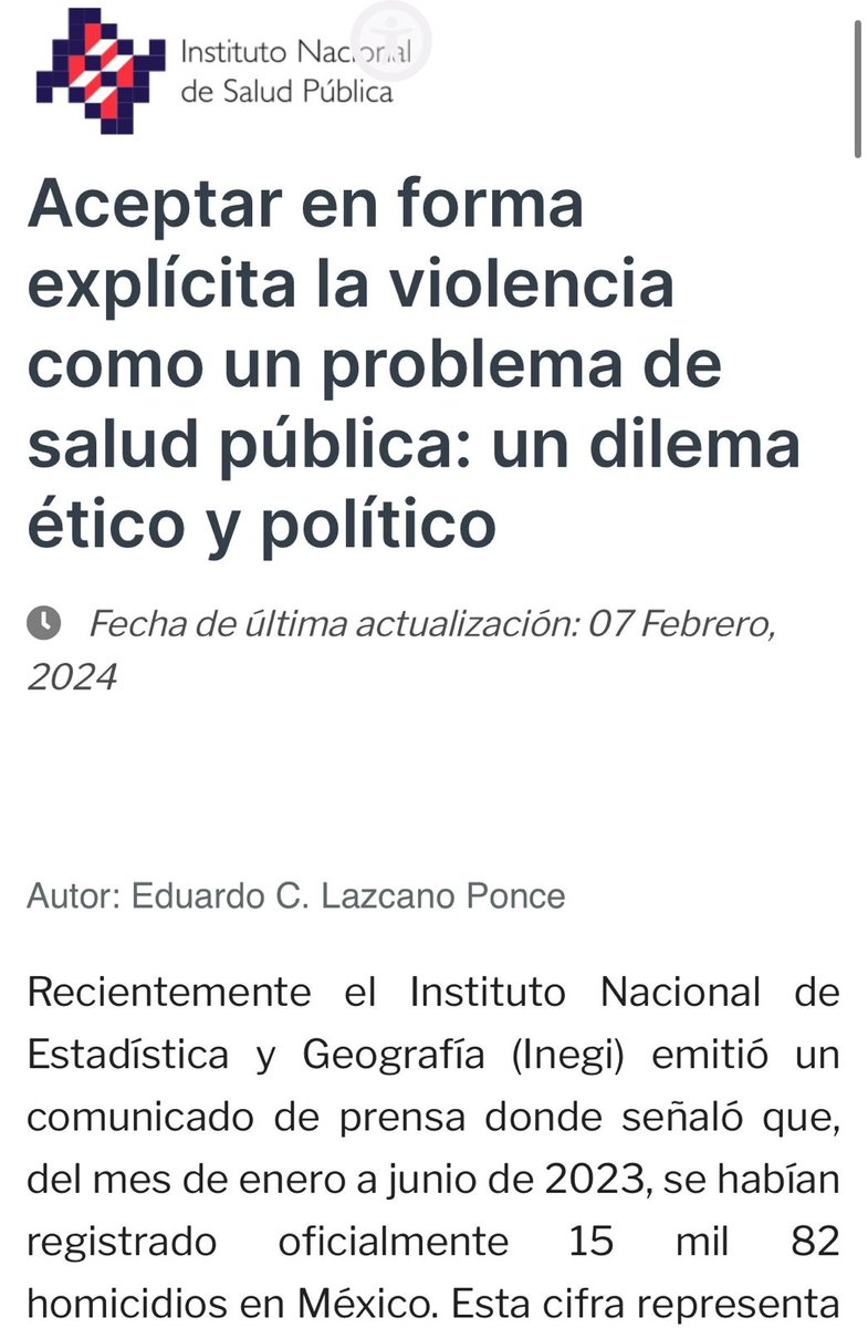 inspmx's tweet photo. Un comunicado del @INEGI_INFORMA señaló que, del mes de enero a junio de 2023, se habían registrado oficialmente 15 mil 82 homicidios en México.

Esto reitera que debemos aceptar en forma explícita la violencia como un problema de salud pública.

Consulta: https://t.co/v3KSKaVd2u https://t.co/riAaiJ9yhe