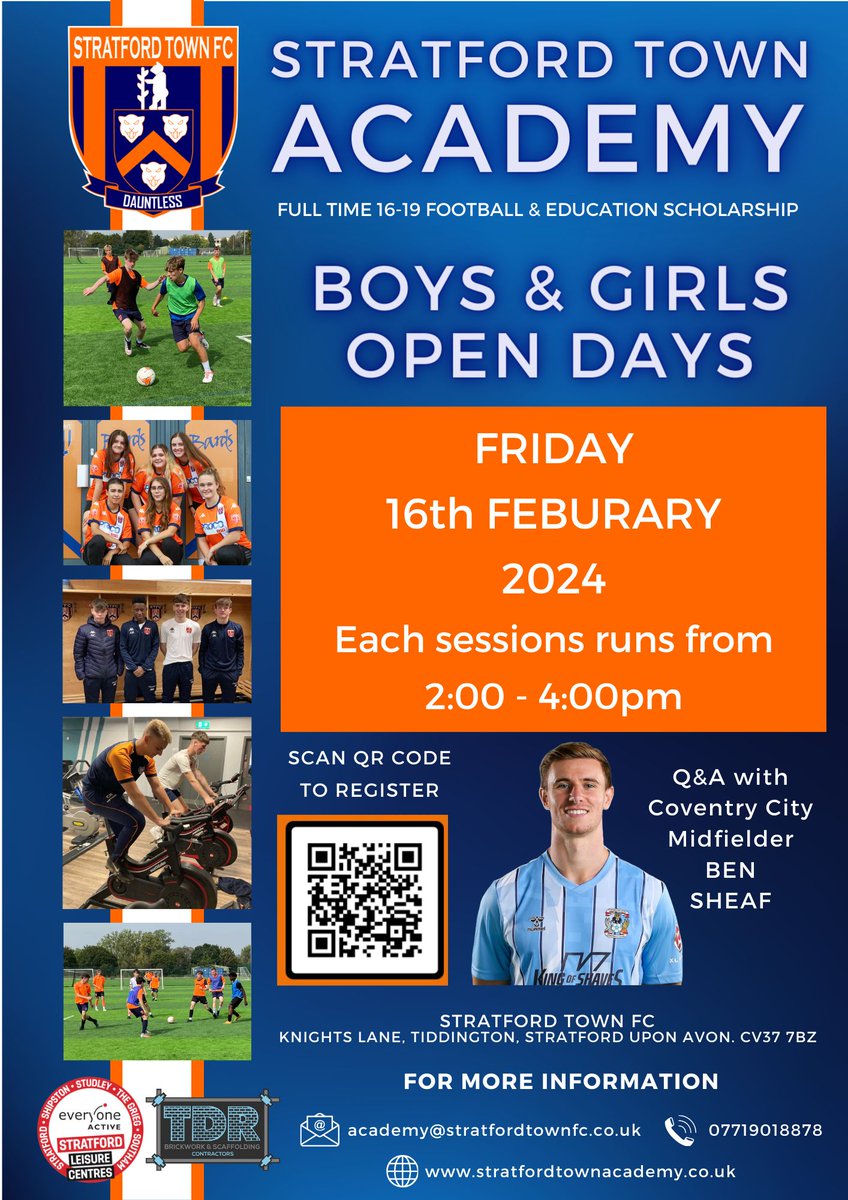 StratfordTownFC's tweet photo. Stratford Town FC welcomes all potential Academy students to The Arden Garages Stadium for the next Open Day on Friday 16th February where Ben Sheaf from Coventry City will be leading the coaching sessions . Please note change of times. #academy #BenSheaf @TownStratford https://t.co/pRFdRFMMQQ