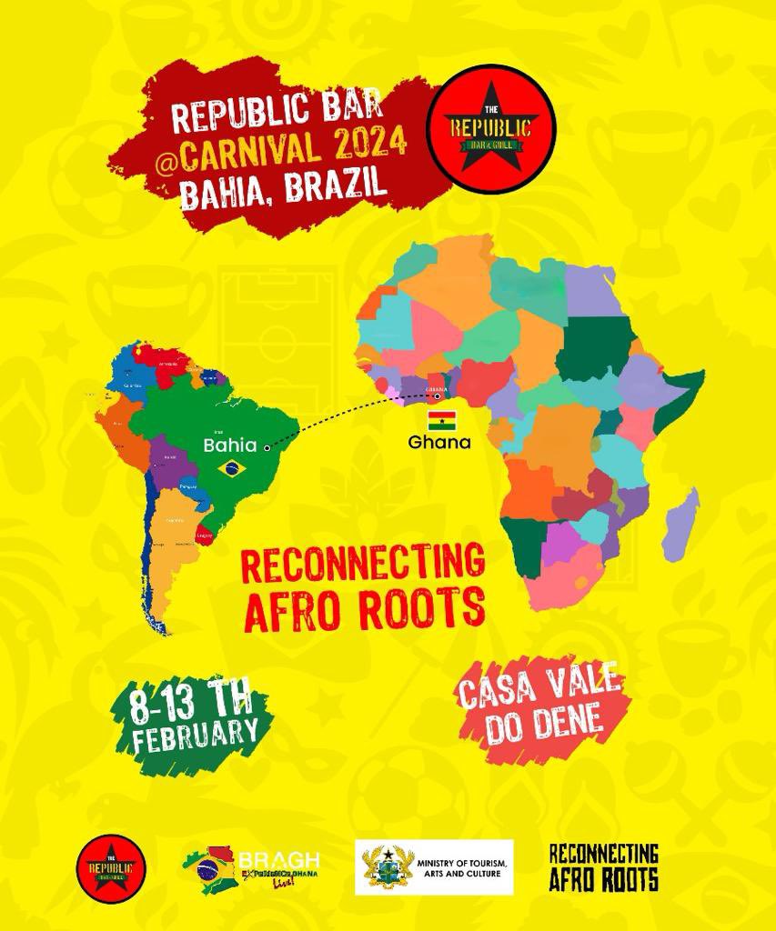 🎉 The Republic Bar and Grill Ghana at Carnival 2024 in Bahia, Brazil! 🇬🇭🇧🇷

📅 Date:  Feb 8-14th Carnival 2024
📍 Location: Ghana Embassy in Bahia, Brazil
🎉 Theme: Reconnecting Afro-Roots Ghana and Culture.