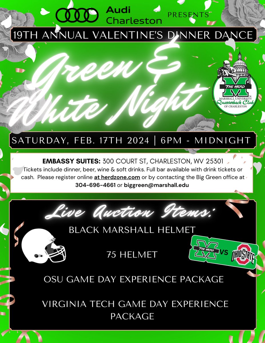 The Valentine's Dance with MU Quarterback Club of Charleston is NEXT WEEK! Saturday, Feb. 17th at 6:00 P.M. We've got some incredible auction items lined up, including helmets and full game day experience packages. Get tickets here: herdtickets.evenue.net/www/ev_marshal…
