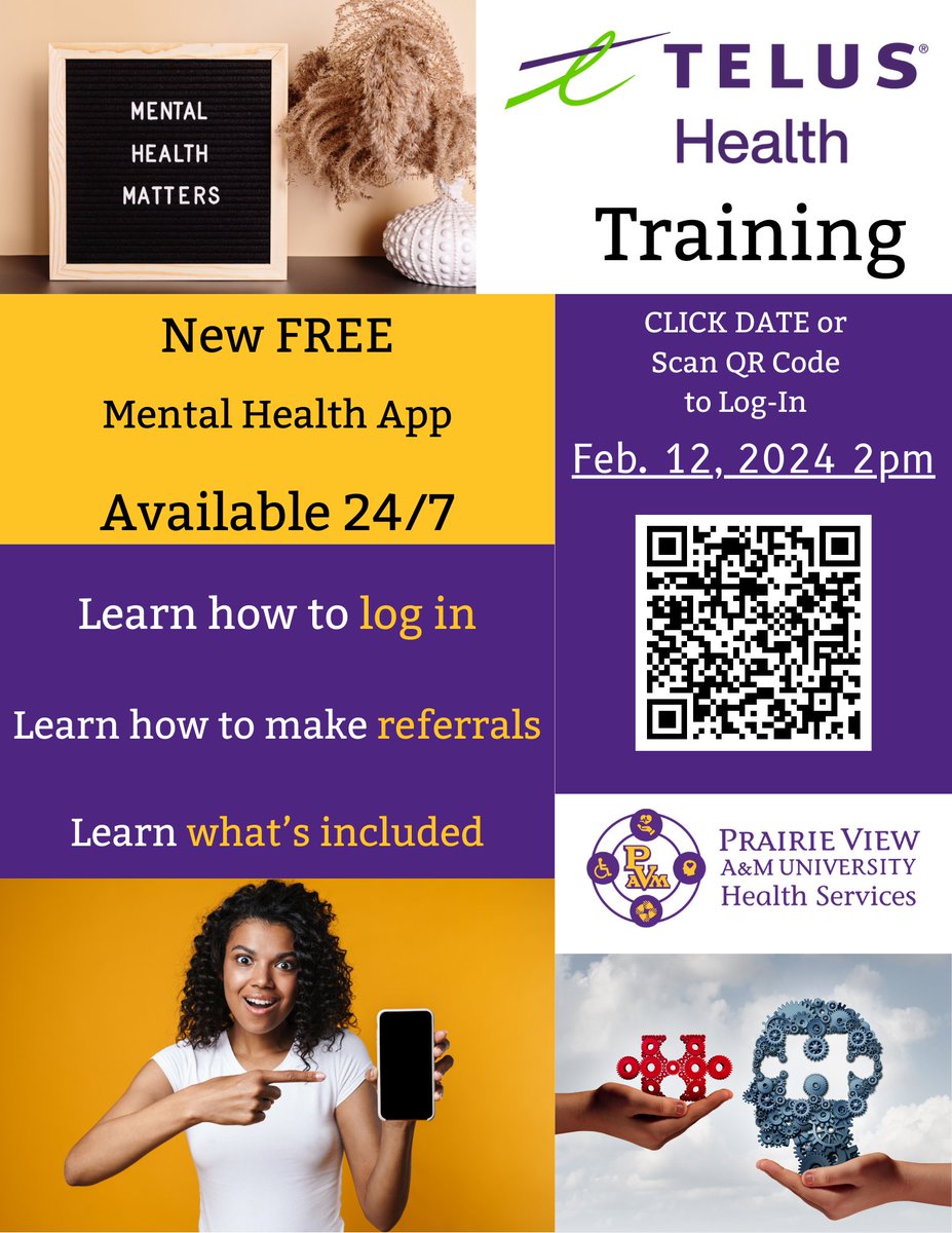 New FREE Mental Health App, we will have TELUS Health training Feb. 12, 2024. Just scan the QR Code at 2pm to log in