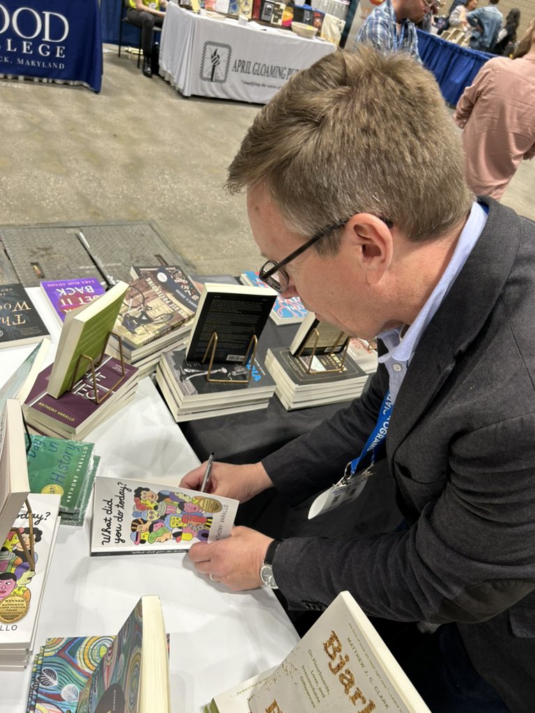 It’s happening! Stop by the booth to get your copy of any of these 3–or all 3–fantastic books by Anthony Barallo @thelines1979. Here until 3:00!! 🖊️📚