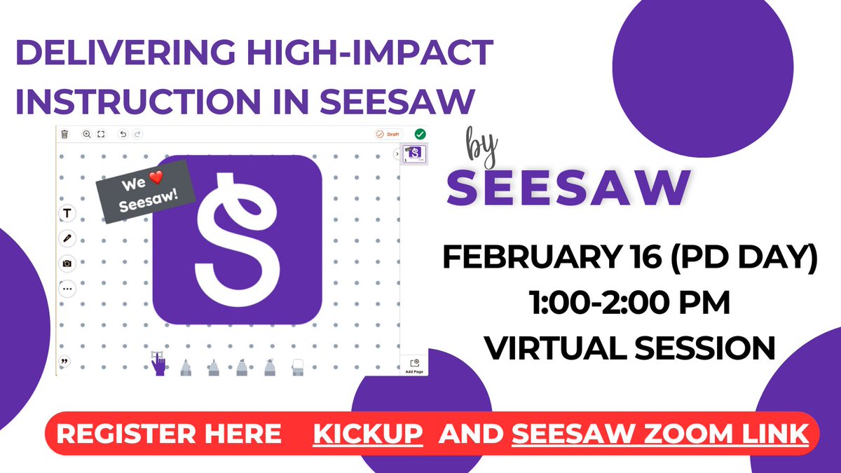 EdTechKISD's tweet photo. Seesaw is coming to our Feb 16th PD Day! Join an optional, virtual training helping you deliver high-impact instruction 👩🏫👨🏫 in your classroom! Sign up in KickUp. #EdTechKISD #KISDPD https://t.co/tA5OuH1Vwr