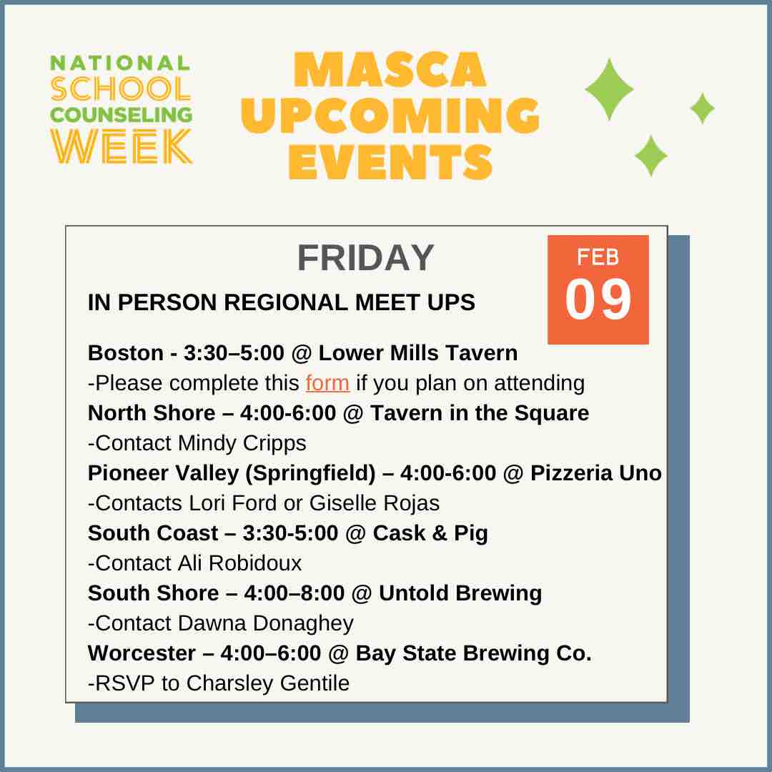 Last day of National School Counseling Week is here! End the week by meeting up with the other amazing school counselors in your area! #NSCW24 #MASCACounselors ✨🎉