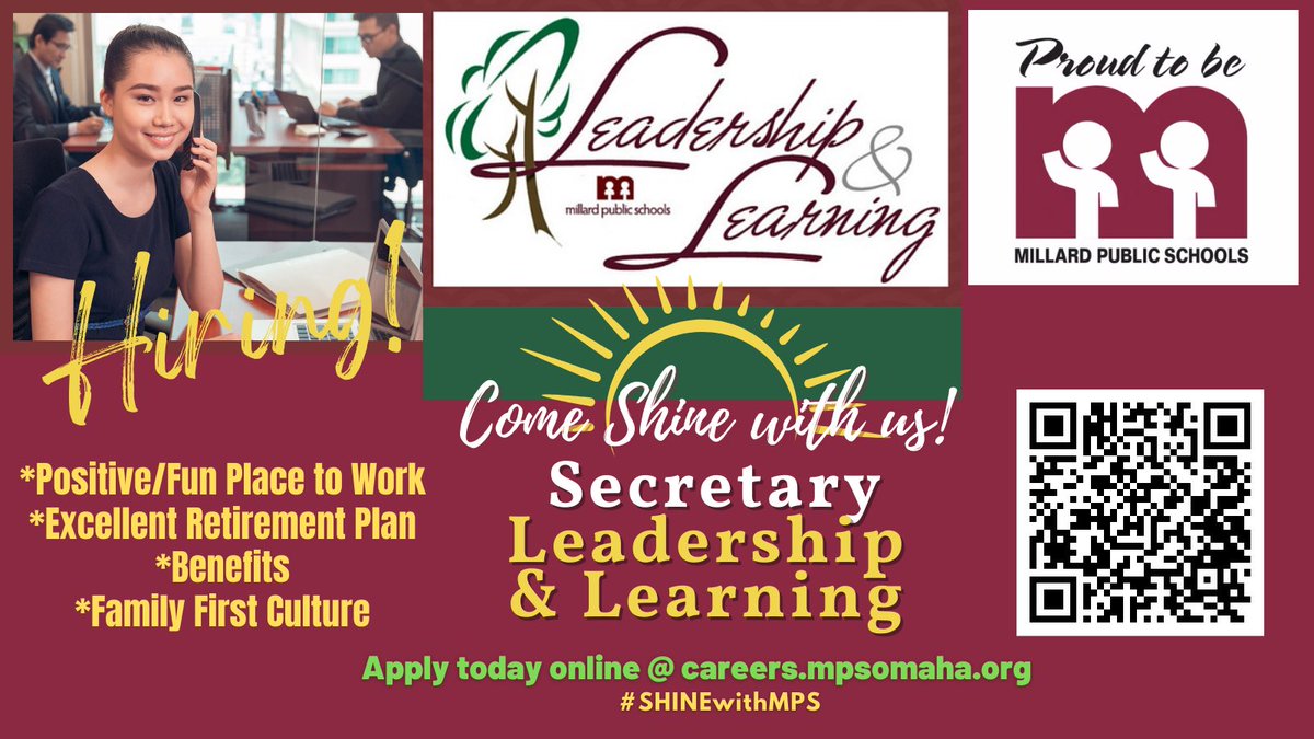 The Leadership and Learning Department seeks a secretary to help promote Millard's culture of engagement and learning. Come be a part of our innovative and fun team! Apply online today! #SHINEwithMPS <a href="/MPSHR/">MPS Human Resources</a> #Proud2bMPS @mps_LnL #mps_LnL