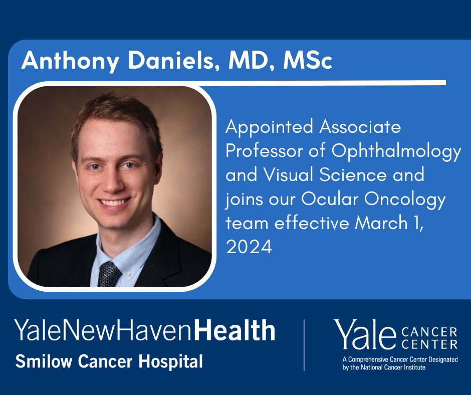 Smilow Cancer Hospital (@smilowcancer) on Twitter photo Welcome Anthony Daniels, MD, MSc! Dr. Daniels, as Associate Professor of Ophthalmology and Visual Science, will join our #OcularOncology team effective March 1, 2024.
<a href="/YaleCancer/">Yale Cancer Center</a> <a href="/YaleMed/">Yale School of Medicine</a> <a href="/YNHH/">Yale New Haven Hosp</a> <a href="/YaleOph/">Yale Ophthalmology</a> Welcome Anthony Daniels, MD, MSc! Dr. Daniels, as Associate Professor of Ophthalmology and Visual Science, will join our #OcularOncology team effective March 1, 2024.
<a href="/YaleCancer/">Yale Cancer Center</a> <a href="/YaleMed/">Yale School of Medicine</a> <a href="/YNHH/">Yale New Haven Hosp</a> <a href="/YaleOph/">Yale Ophthalmology</a>