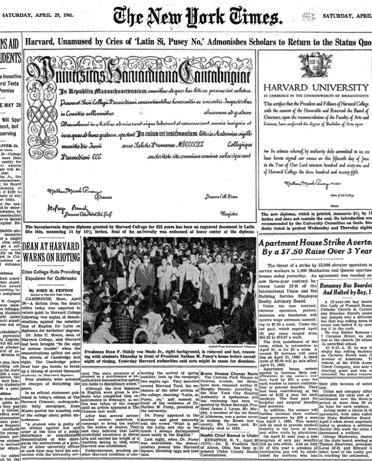 ATabarrok's tweet photo. In 1961, thousands of students rioted at Harvard and had to be dispersed by police using tear gas. 

The cause of the riot: the students wanted their diplomas printed in Latin not English. 

The riots went on for days. https://t.co/FFYiM9Rk6k